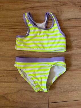 wonder nation Neon Yellow & Purple Striped Two-Piece Swim Set